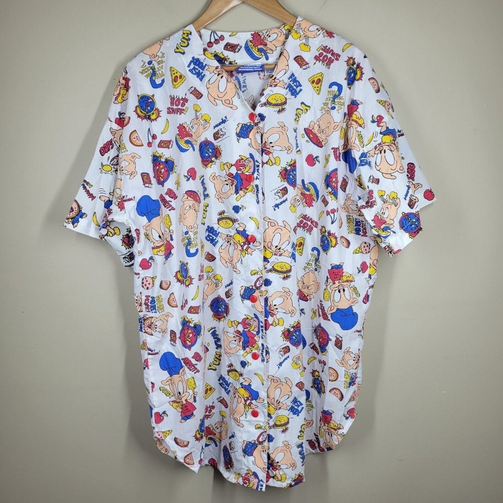 Vintage 1993 Tiny Toons Button Up Sleepwear Shirt Porky Pig OS Food AOP Chef
